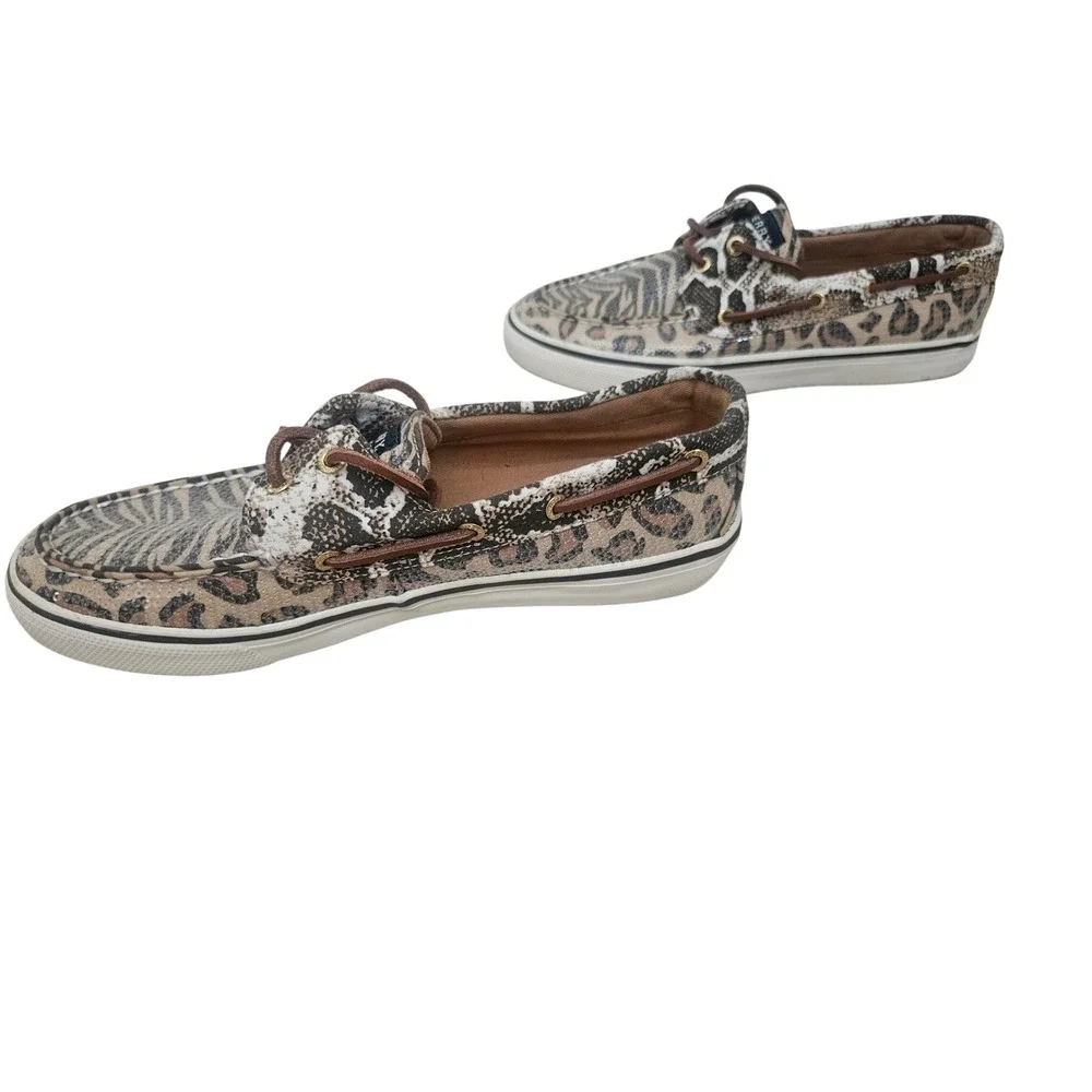 Sperry Bahama Boat Shoes Women 7.5 Brown Animal Print Sequin Mixed Media